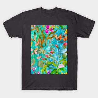Cool tropical floral leaves botanical illustration, tropical plants,leaves and flowers, blue aqua leaves pattern T-Shirt